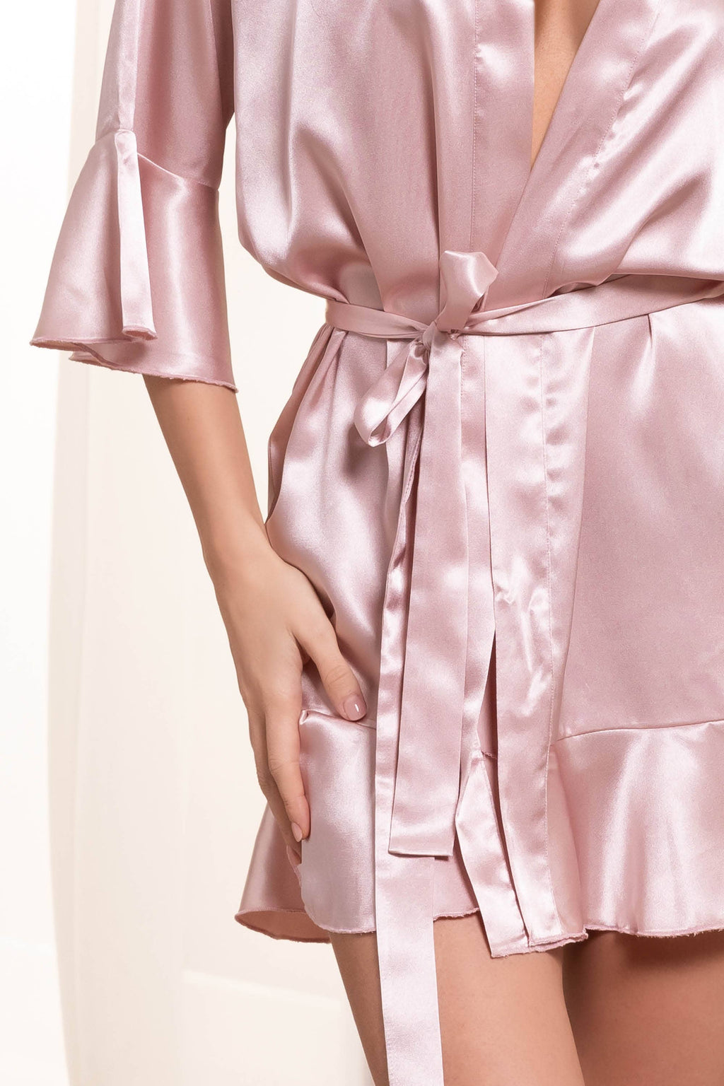 Peignoir Kimono Satin Rose Nacré Femme